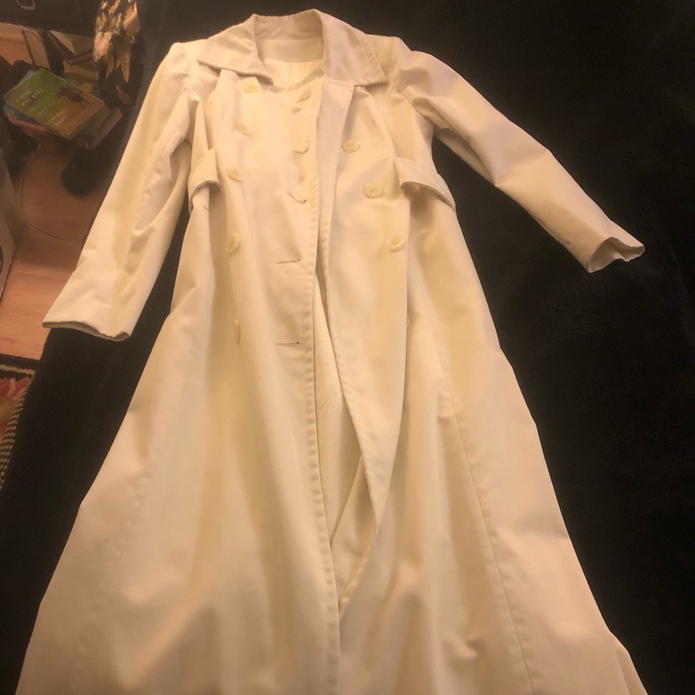 Vintage long yellow/off white trench coat with buttons  & belt for waist/wrists